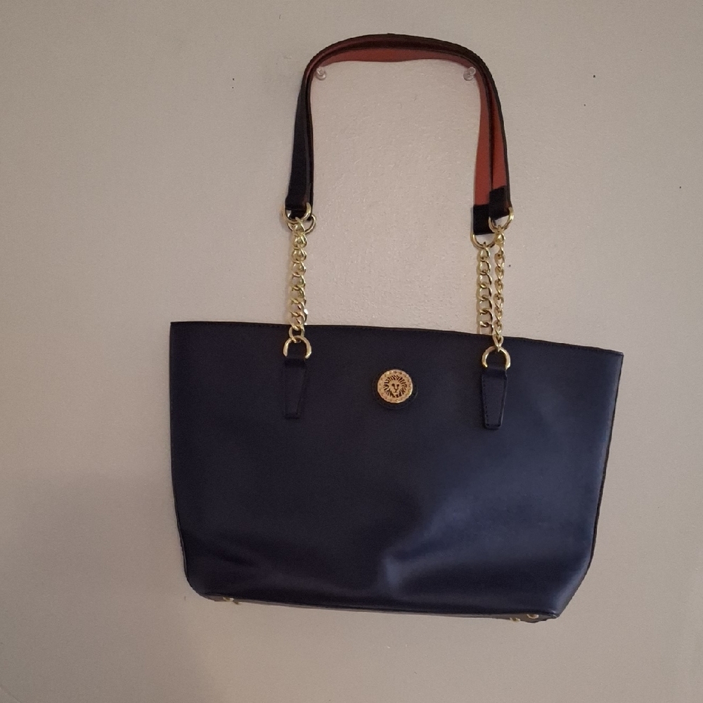 Anne Klein Navy Shoulder Bag with Gold Chain